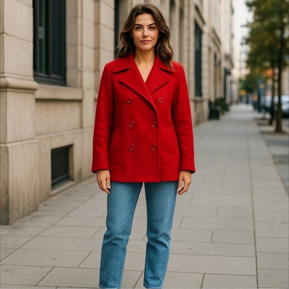 Kristen Blake Red Wool Pea Coat Jacket Size M